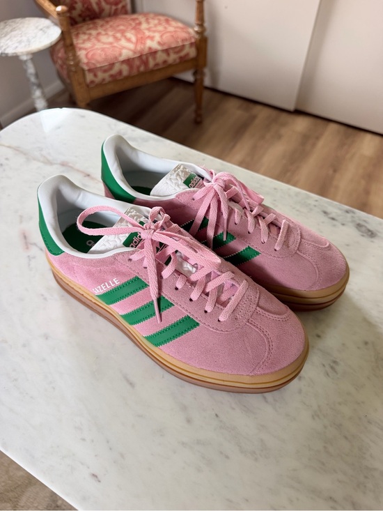 adidas Shoes - adidas Women’s Pink Suede Sneakers with Green Stripes